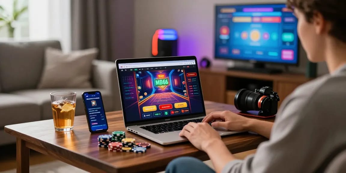 Online gambling experience with vibrant visuals on https://mb66i.com/ and gaming accessories in a cozy setting.